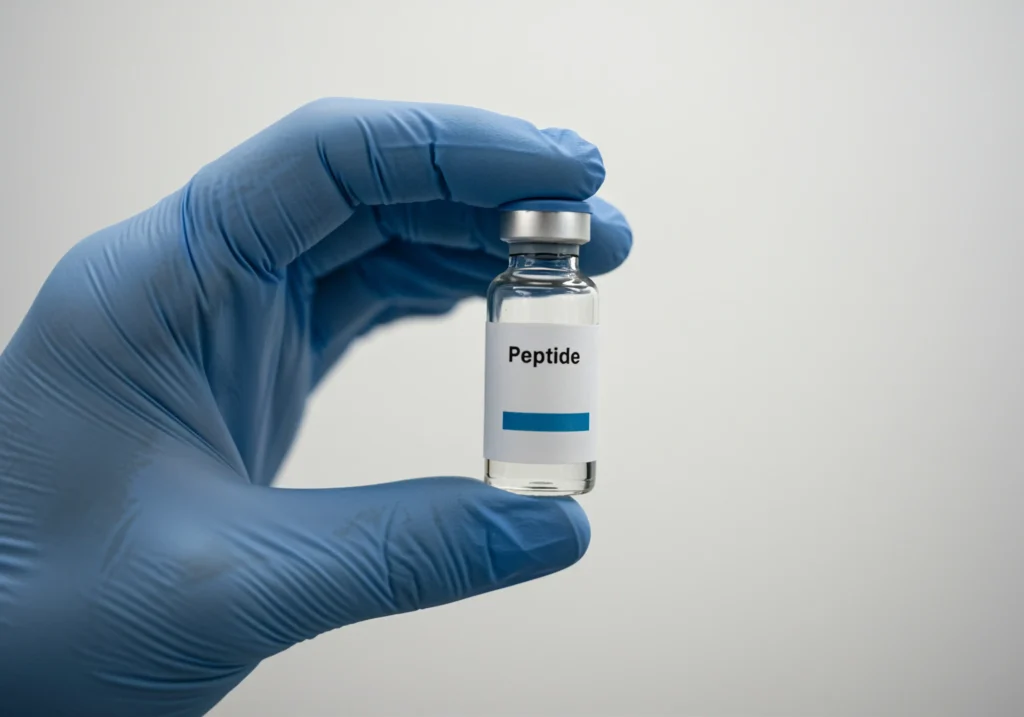 Gloved hand holding a vial of peptide therapy at Unfiltered Medical Spa.